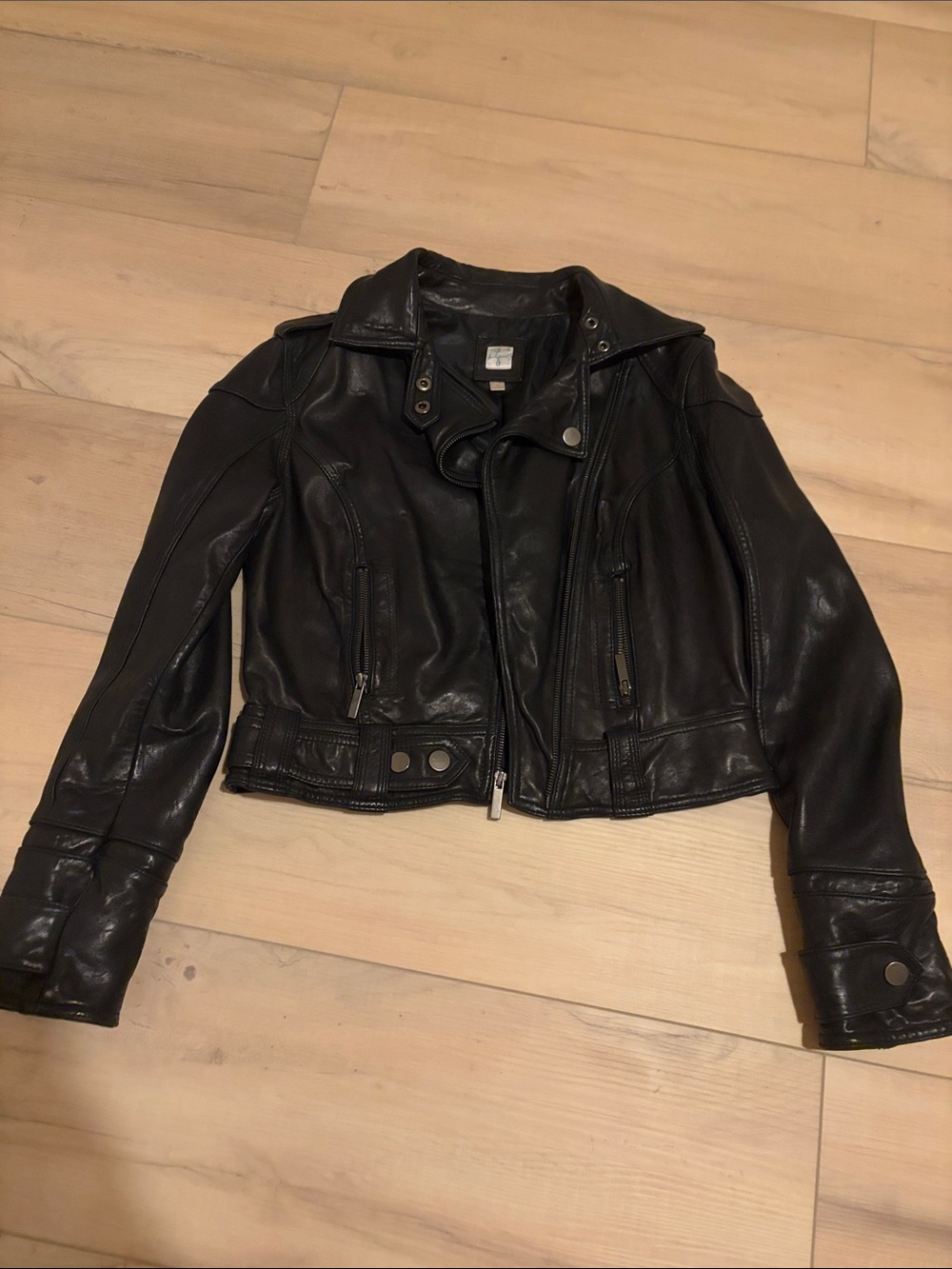 Aqua Black Leather Moto Jacket with Zip Details
